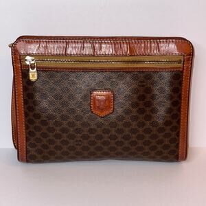 CELINE Macadam Triomphe Wristlet Clutch Brown PVC Leather Pouch Authentic